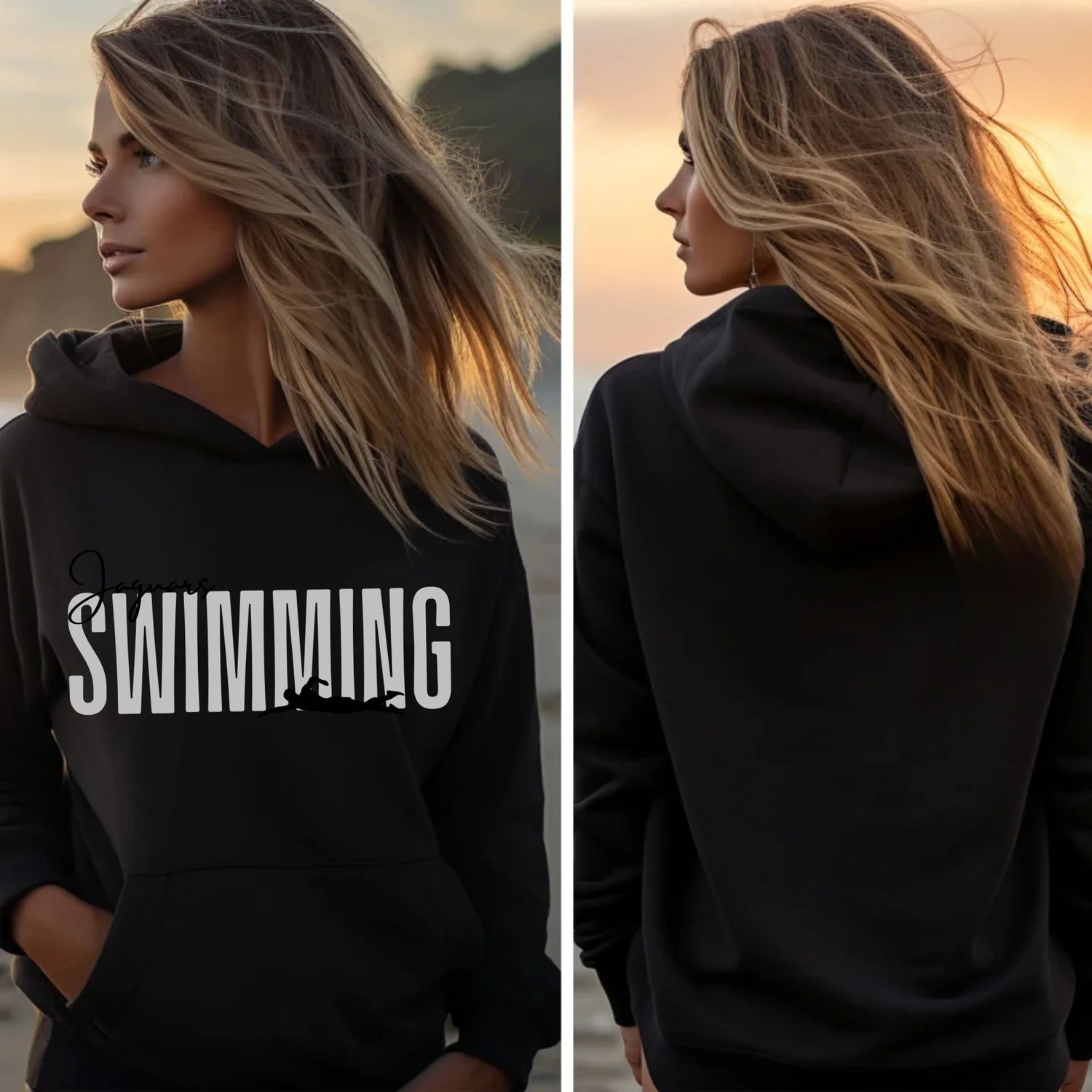 Personalized Swimming on a Hoodie With Modern Bold Designs and Swimmer Name on Sleeve on a Hoodie