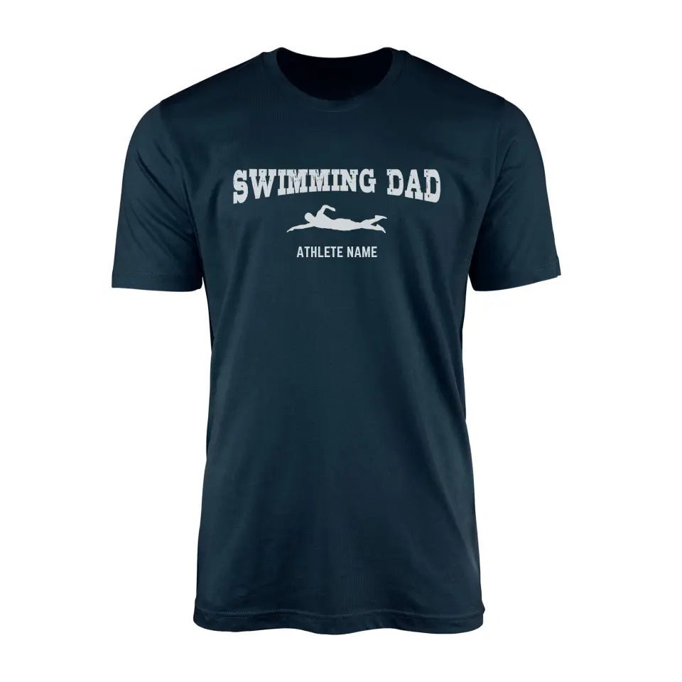 Swimming Dad with Swimmer Icon and Swimmer Name on a Men's T-Shirt with a White Graphic