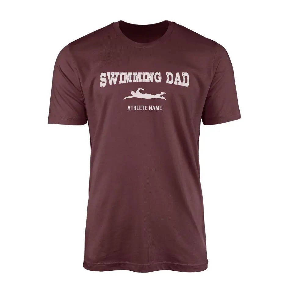 Swimming Dad with Swimmer Icon and Swimmer Name on a Men's T-Shirt with a White Graphic