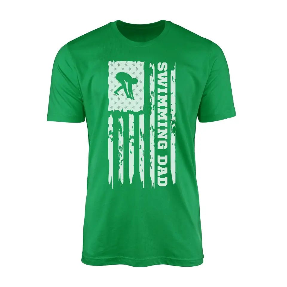 Swimming Dad Vertical Flag on a Men's T-Shirt with a White Graphic