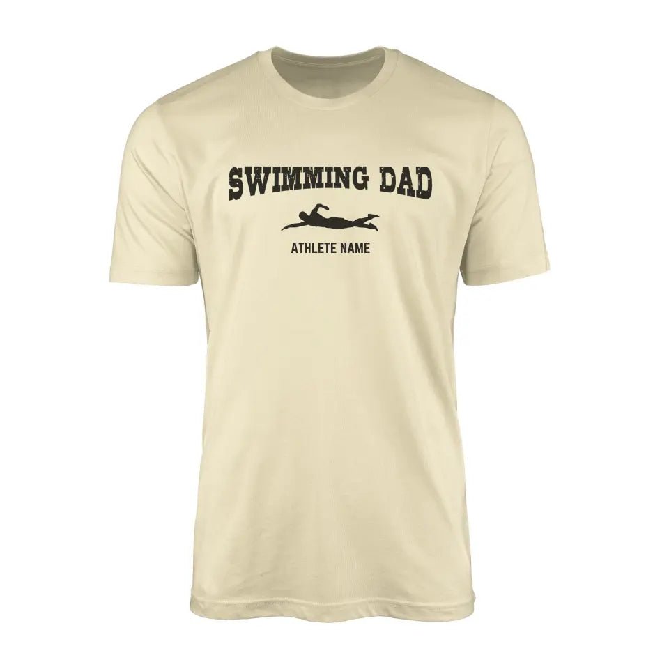 Swimming Dad with Swimmer Icon and Swimmer Name on a Men's T-Shirt with a Black Graphic