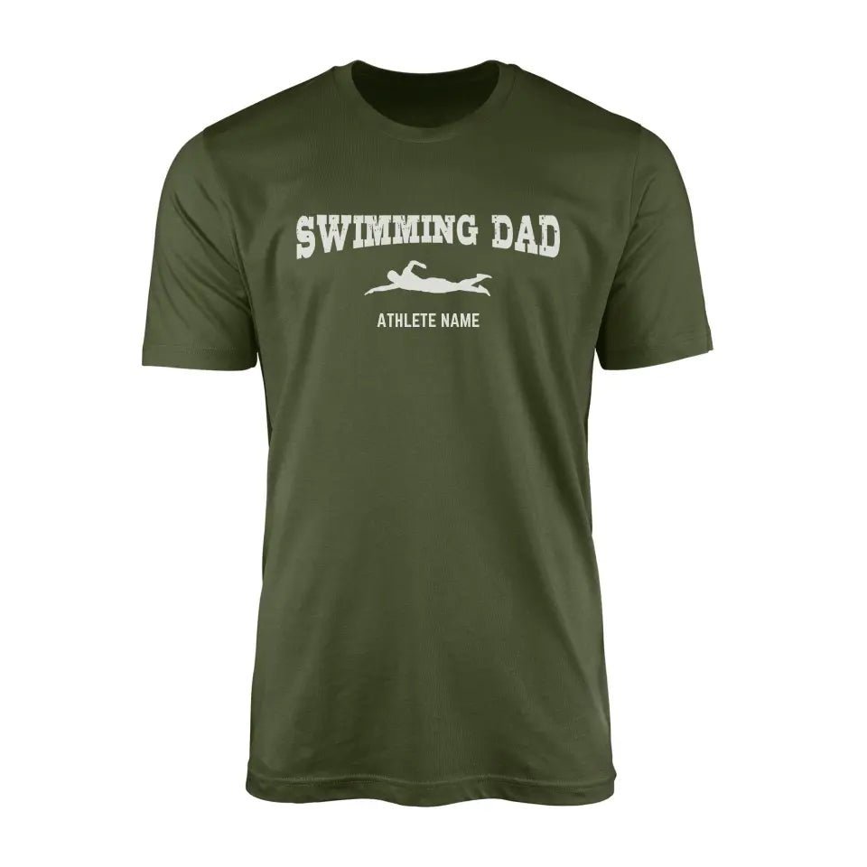 Swimming Dad with Swimmer Icon and Swimmer Name on a Men's T-Shirt with a White Graphic