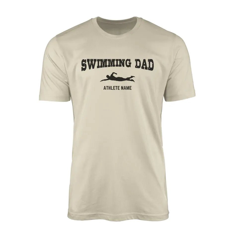 Swimming Dad with Swimmer Icon and Swimmer Name on a Men's T-Shirt with a Black Graphic