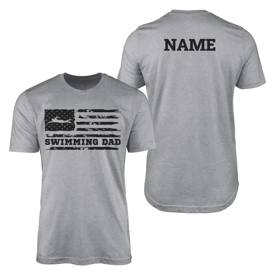 Swimming Dad Horizontal Flag With Swimmer Name on a Men's T-Shirt with a Black Graphic