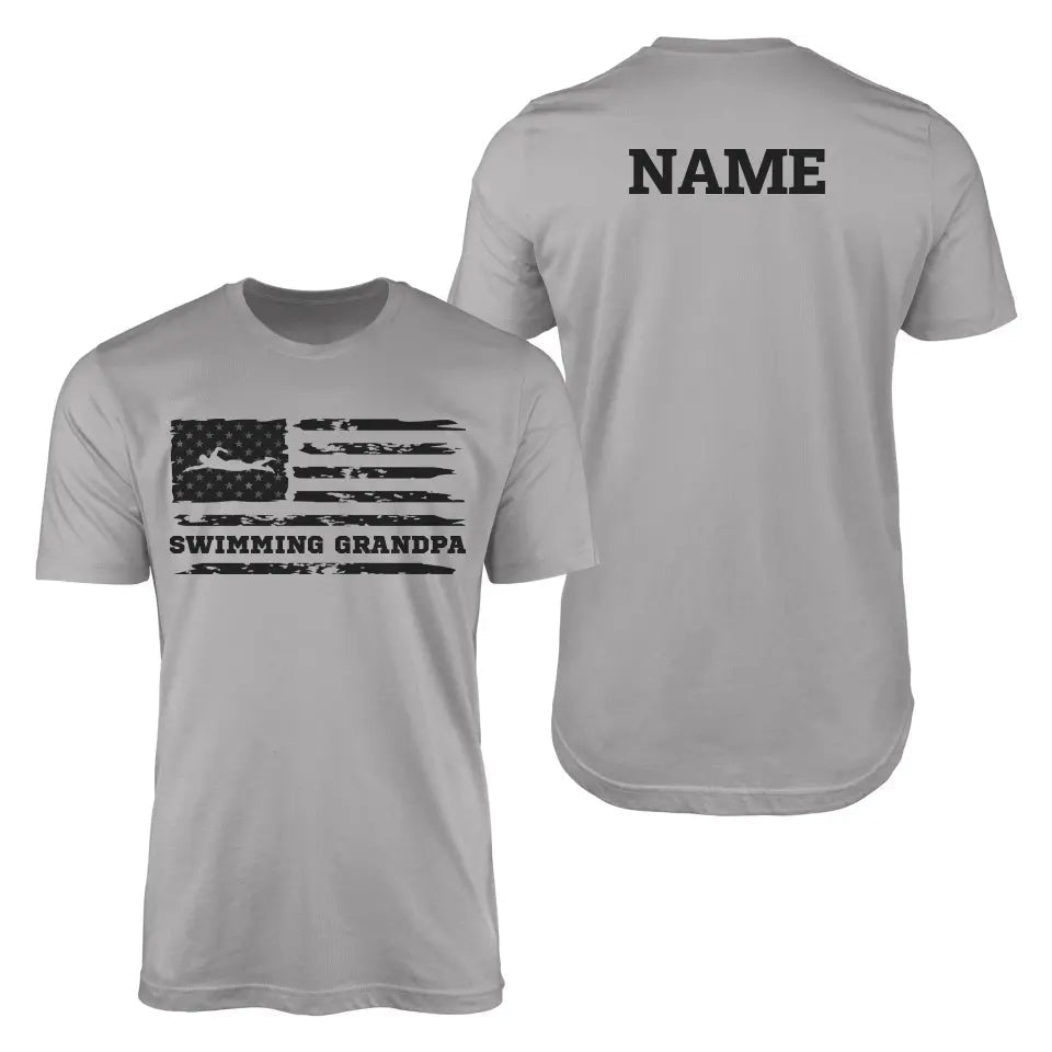 Swimming Grandpa Horizontal Flag With Swimmer Name on a Men's T-Shirt with a Black Graphic