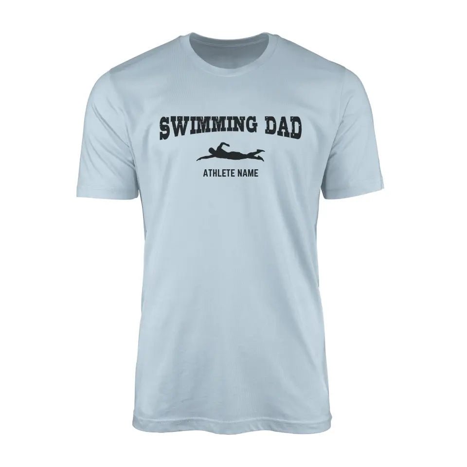 Swimming Dad with Swimmer Icon and Swimmer Name on a Men's T-Shirt with a Black Graphic