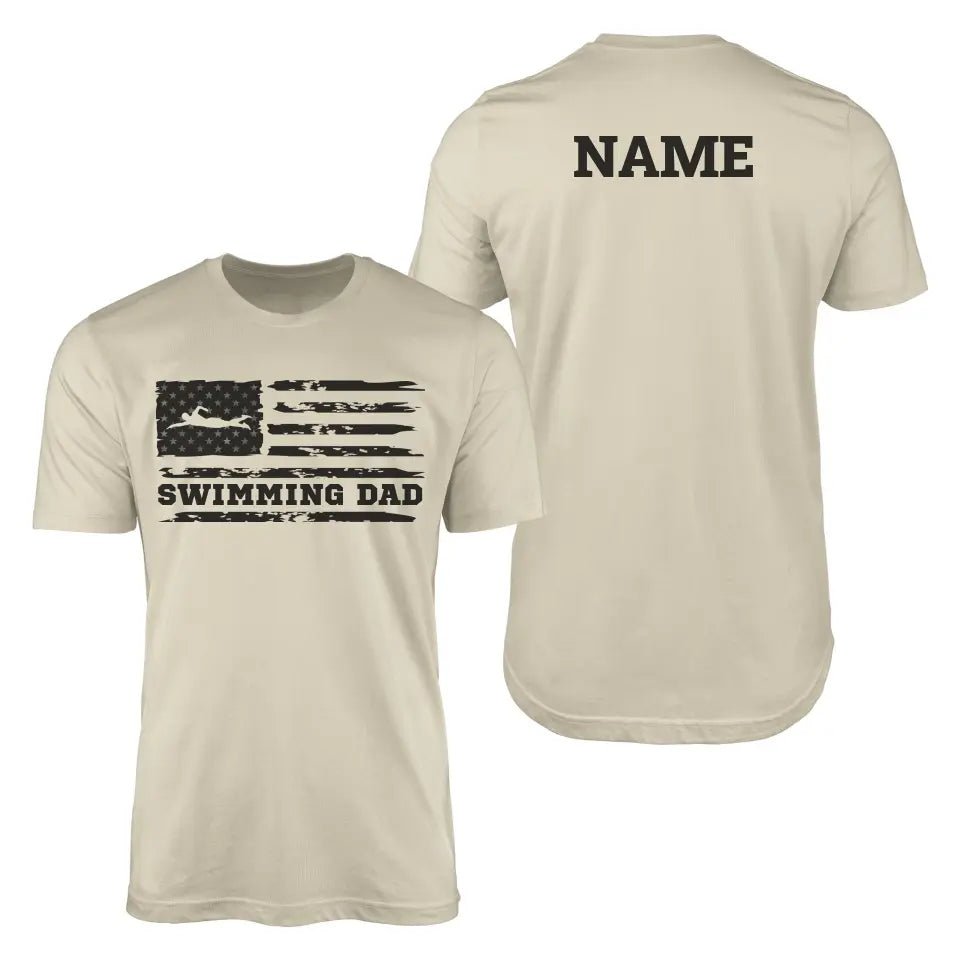 Swimming Dad Horizontal Flag With Swimmer Name on a Men's T-Shirt with a Black Graphic