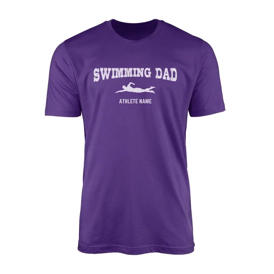 Swimming Dad with Swimmer Icon and Swimmer Name on a Men's T-Shirt with a White Graphic