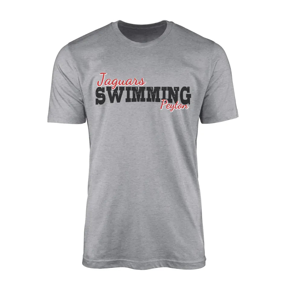 Custom Swimming Mascot and Swimmer Name on a Men's T-Shirt with a Black Graphic