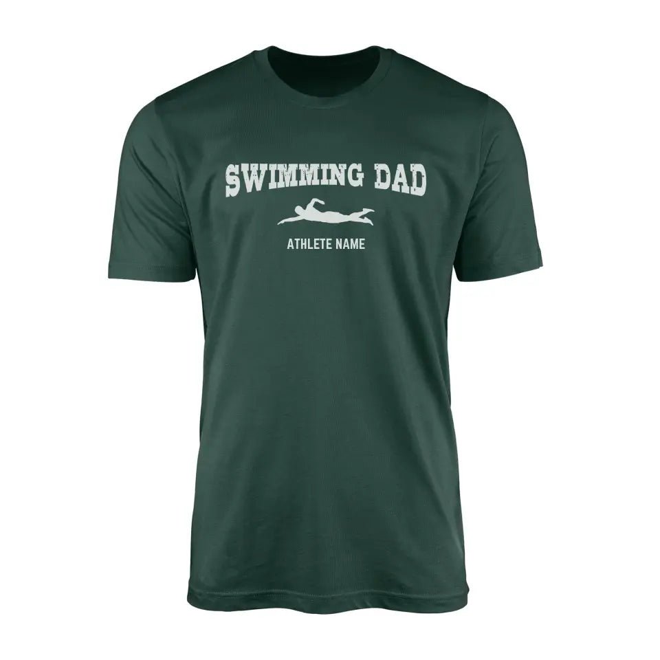 Swimming Dad with Swimmer Icon and Swimmer Name on a Men's T-Shirt with a White Graphic