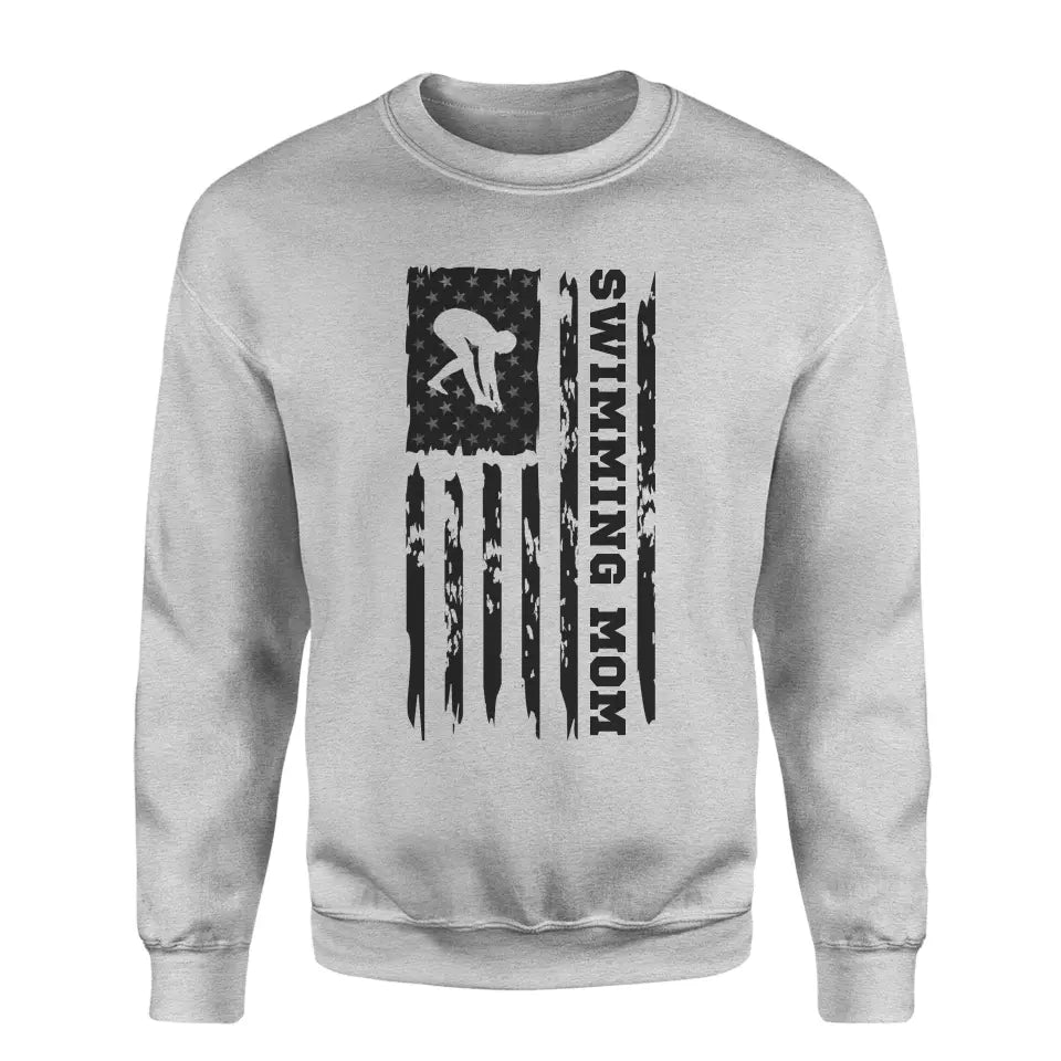 Swimming Mom Vertical Flag on a Sweatshirt with a Black Graphic