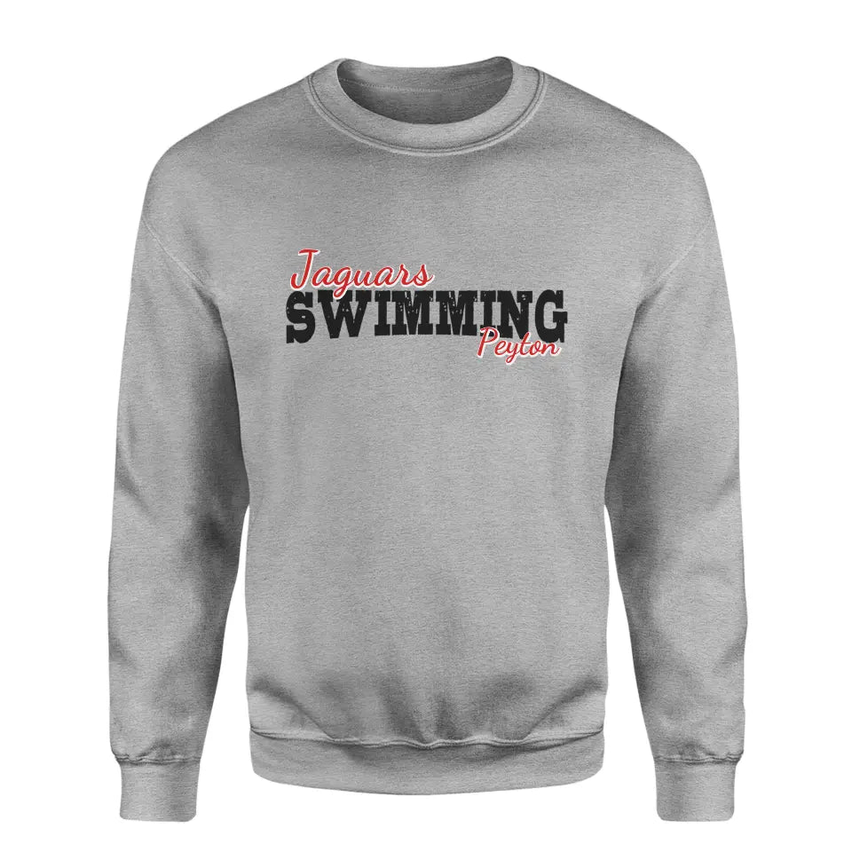 Custom Swimming Mascot and Swimmer Name on a Sweatshirt with a Black Graphic