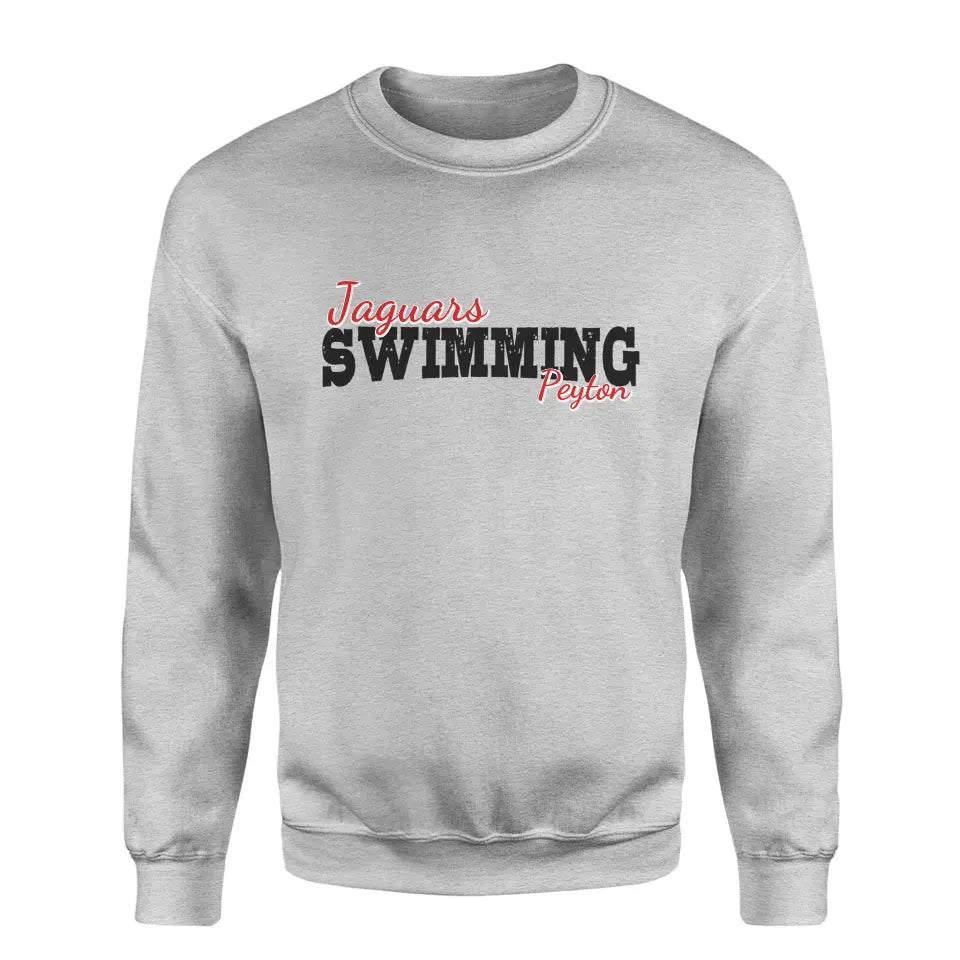 Custom Swimming Mascot and Swimmer Name on a Sweatshirt with a Black Graphic