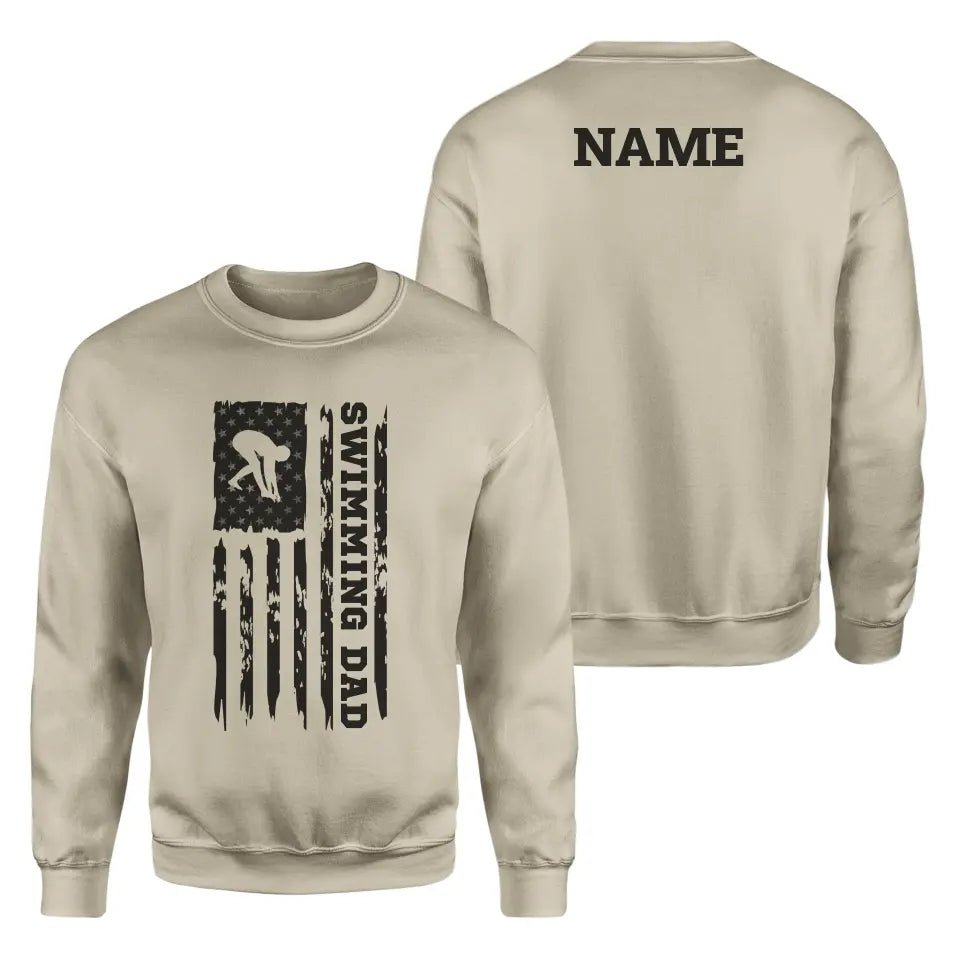 Swimming Dad Vertical Flag With Swimmer Name on a Sweatshirt with a Black Graphic