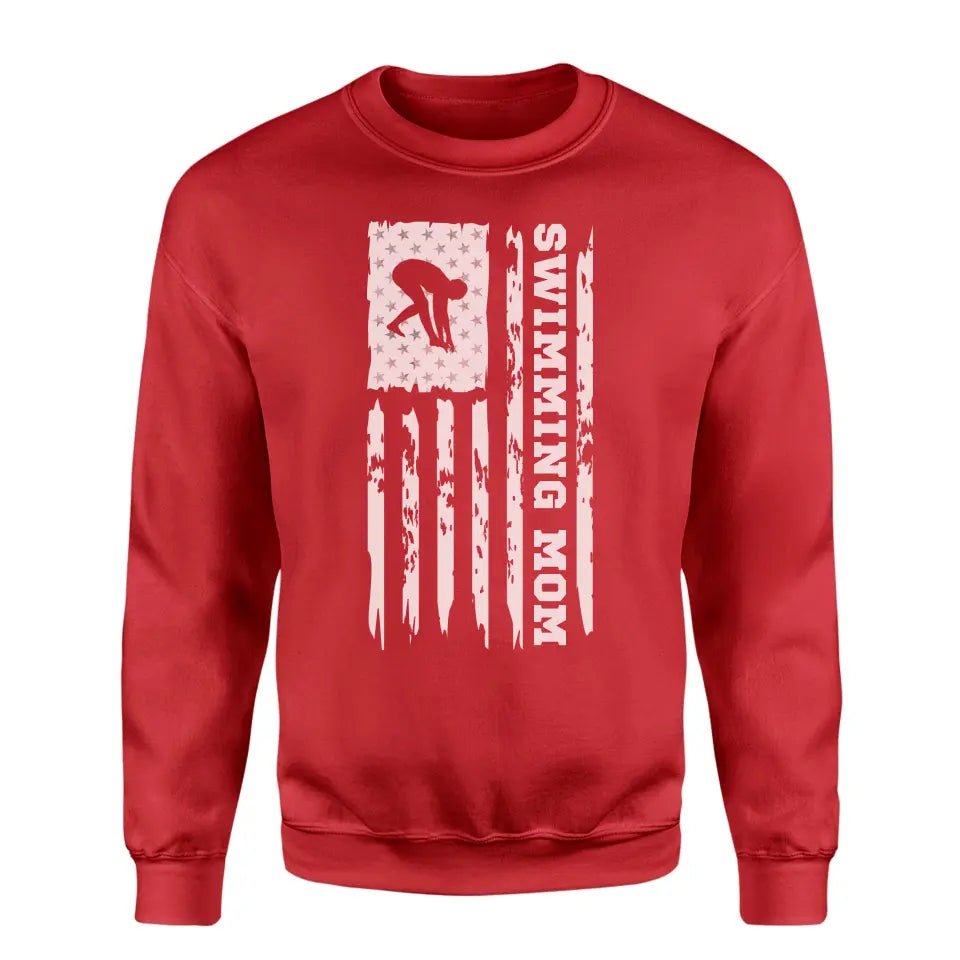 Swimming Mom Vertical Flag on a Sweatshirt with a White Graphic
