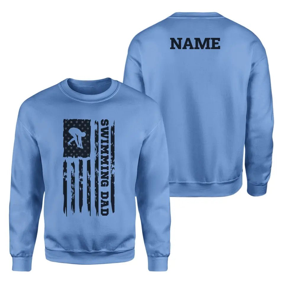 Swimming Dad Vertical Flag With Swimmer Name on a Sweatshirt with a Black Graphic