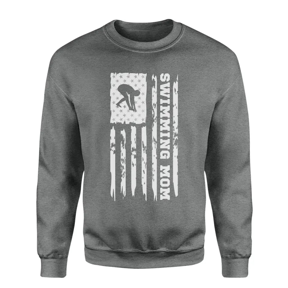 Swimming Mom Vertical Flag on a Sweatshirt with a White Graphic