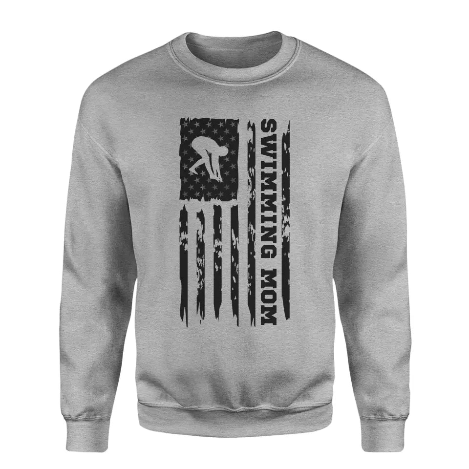 Swimming Mom Vertical Flag on a Sweatshirt with a Black Graphic