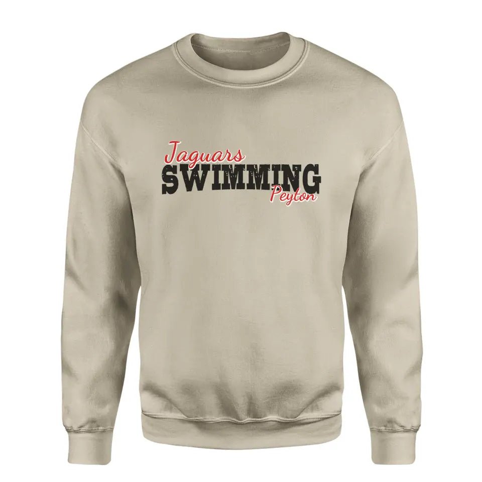 Custom Swimming Mascot and Swimmer Name on a Sweatshirt with a Black Graphic