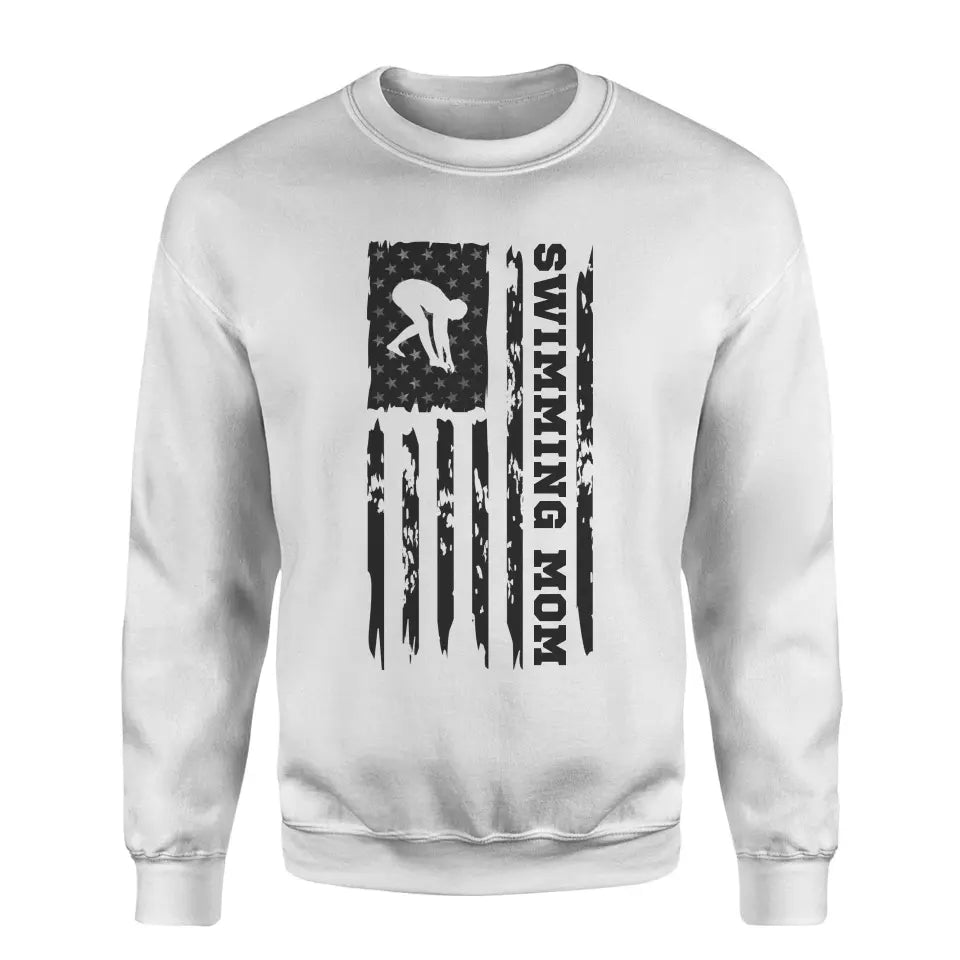 Swimming Mom Vertical Flag on a Sweatshirt with a Black Graphic