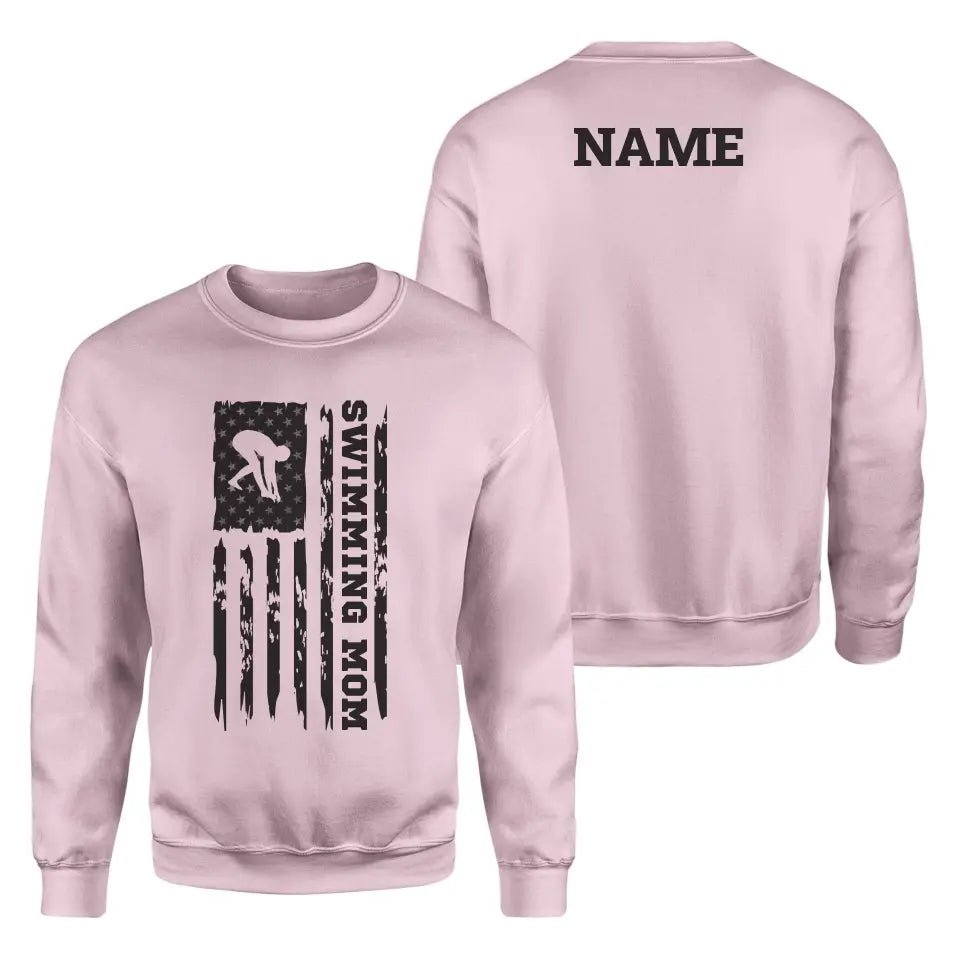 Swimming Mom Vertical Flag With Swimmer Name on a Sweatshirt with a Black Graphic