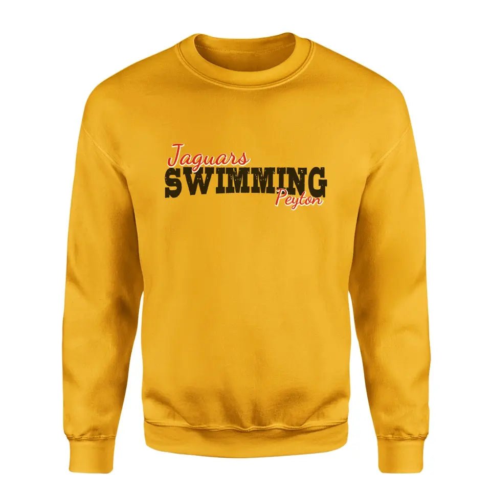 Custom Swimming Mascot and Swimmer Name on a Sweatshirt with a Black Graphic