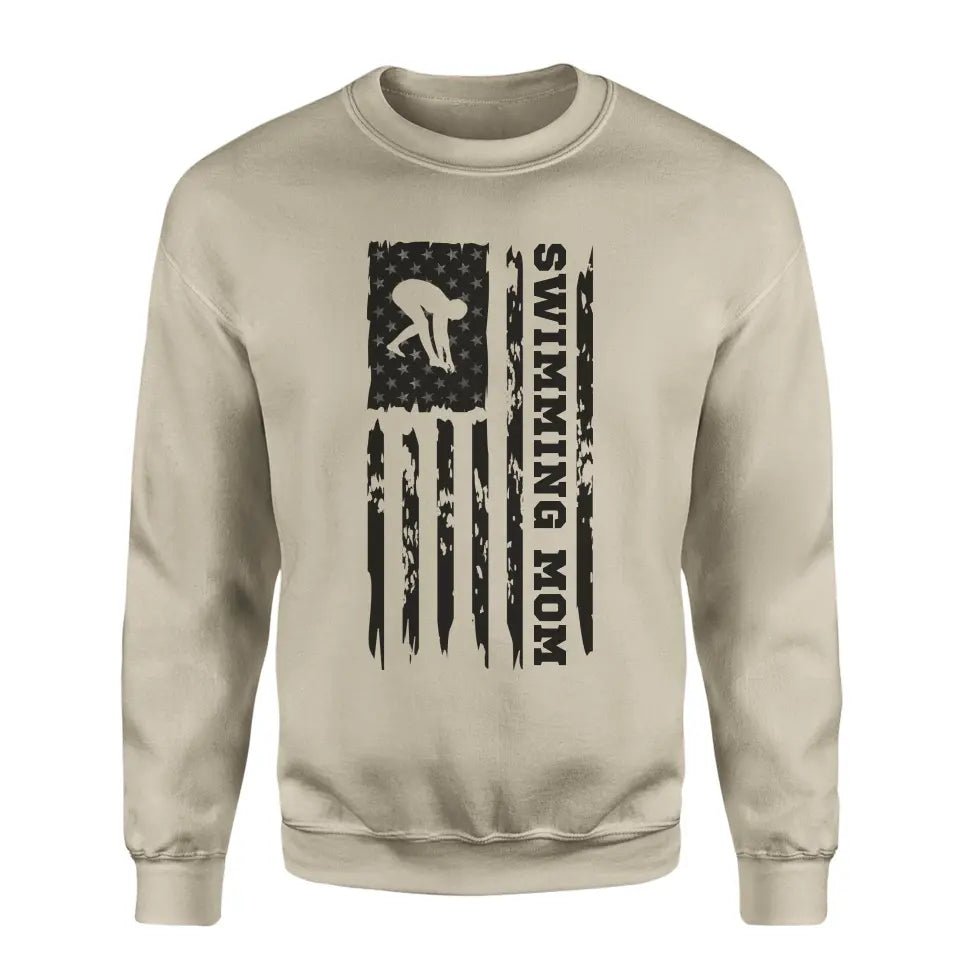 Swimming Mom Vertical Flag on a Sweatshirt with a Black Graphic