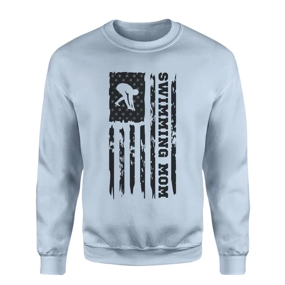 Swimming Mom Vertical Flag on a Sweatshirt with a Black Graphic