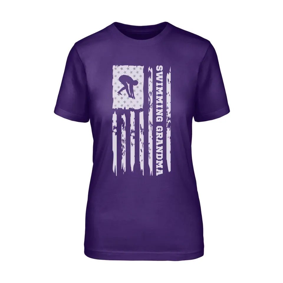 Swimming Grandma Vertical Flag on a Unisex T-Shirt with a White Graphic