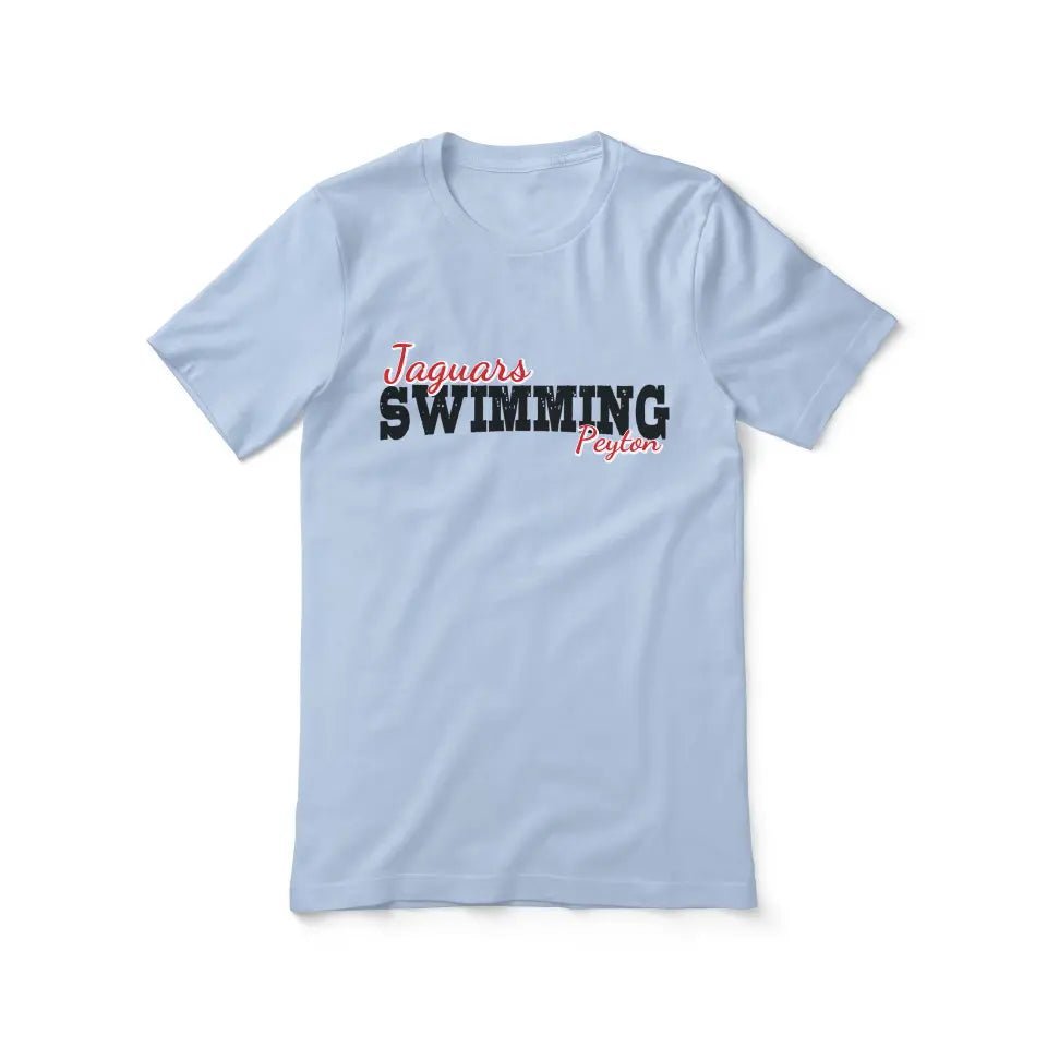 Custom Swimming Mascot and Swimmer Name on a Unisex T-Shirt with a Black Graphic