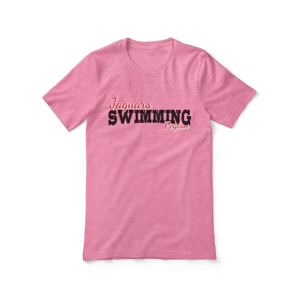 Custom Swimming Mascot and Swimmer Name on a Unisex T-Shirt with a Black Graphic