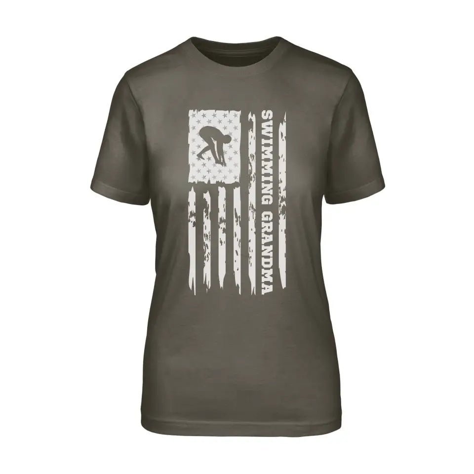 Swimming Grandma Vertical Flag on a Unisex T-Shirt with a White Graphic