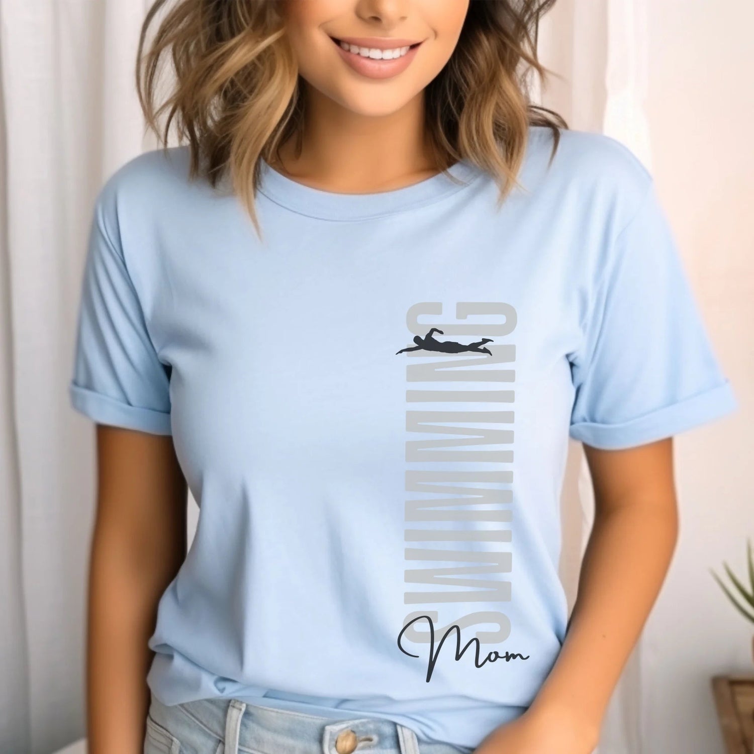 Personalized Swimming Mom Shirt With Mascot, Icon, and Swimmer Name on a Unisex T-Shirt