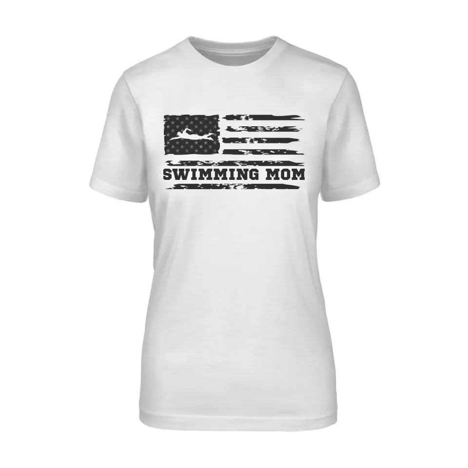 Swimming Mom Horizontal Flag on a Unisex T-Shirt with a Black Graphic