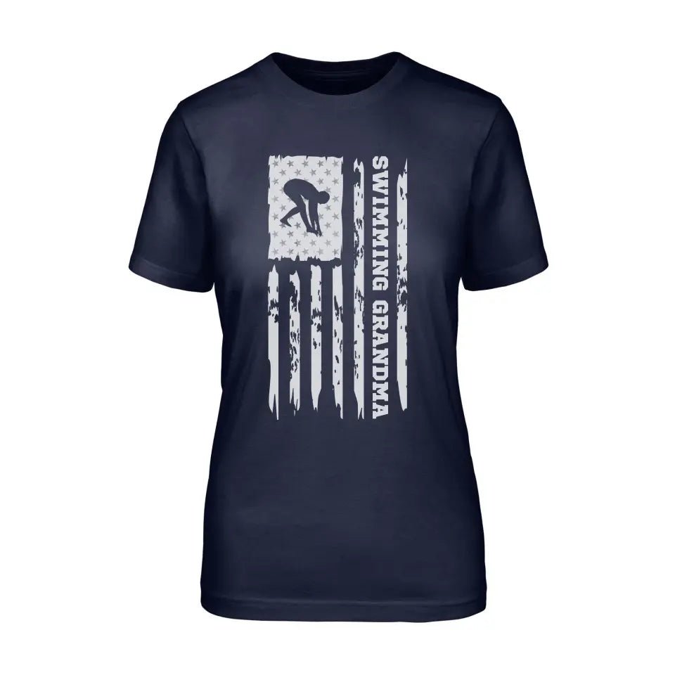 Swimming Grandma Vertical Flag on a Unisex T-Shirt with a White Graphic