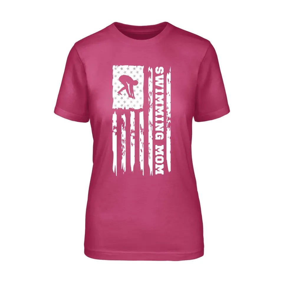Swimming Mom Vertical Flag on a Unisex T-Shirt with a White Graphic