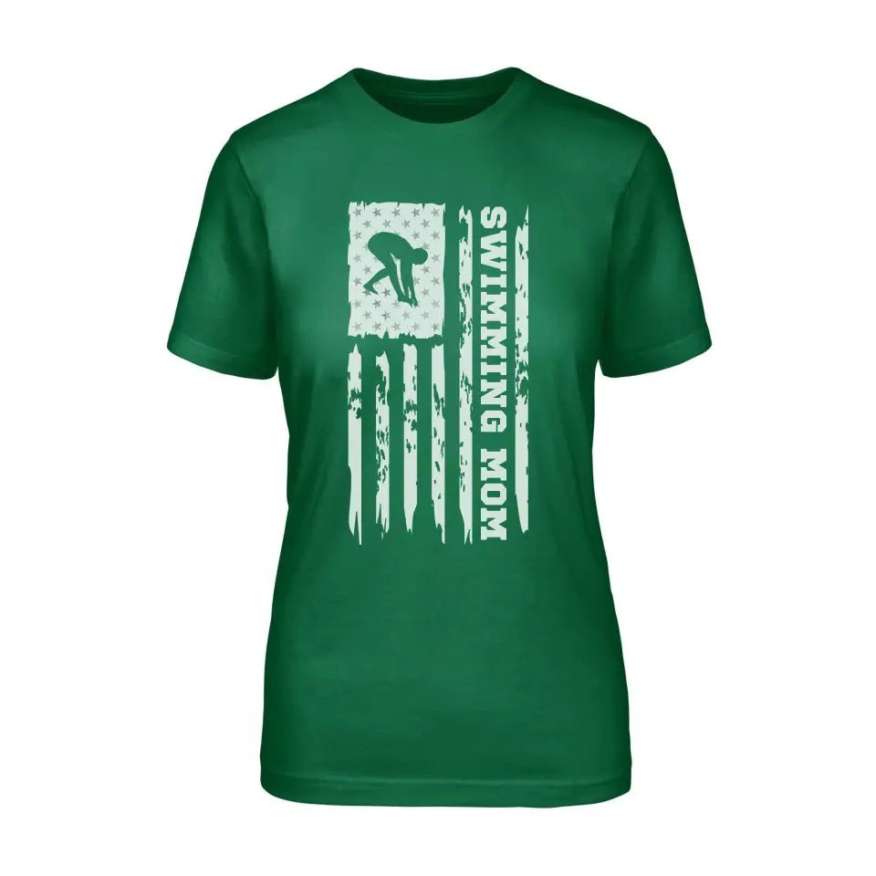 Swimming Mom Vertical Flag on a Unisex T-Shirt with a White Graphic