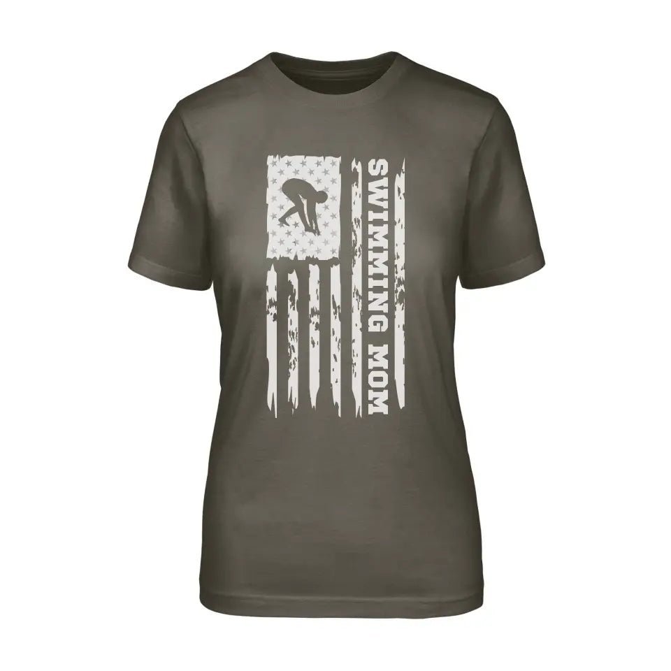 Swimming Mom Vertical Flag on a Unisex T-Shirt with a White Graphic