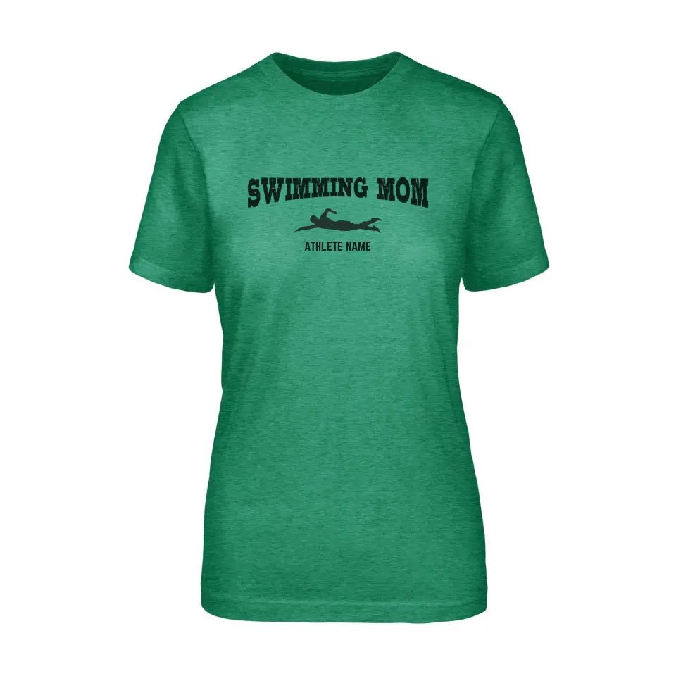 Swimming Mom with Swimmer Icon and Swimmer Name on a Unisex T-Shirt with a Black Graphic