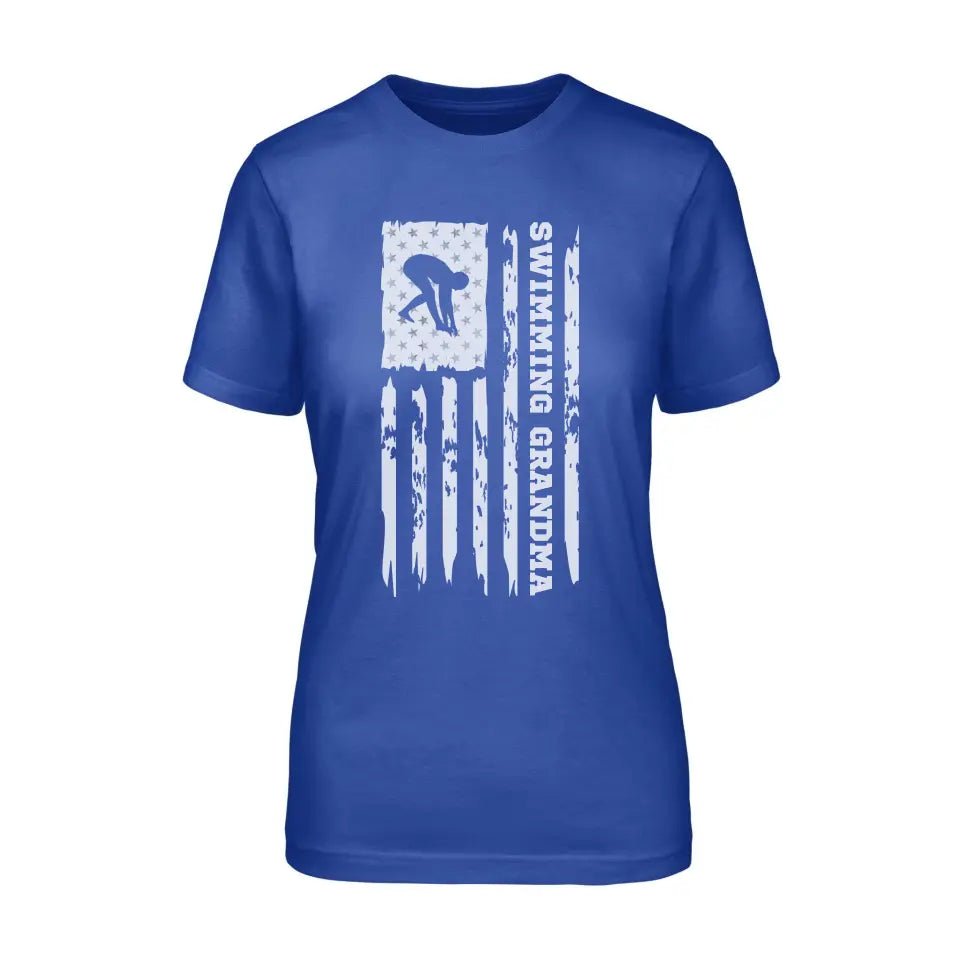 Swimming Grandma Vertical Flag on a Unisex T-Shirt with a White Graphic