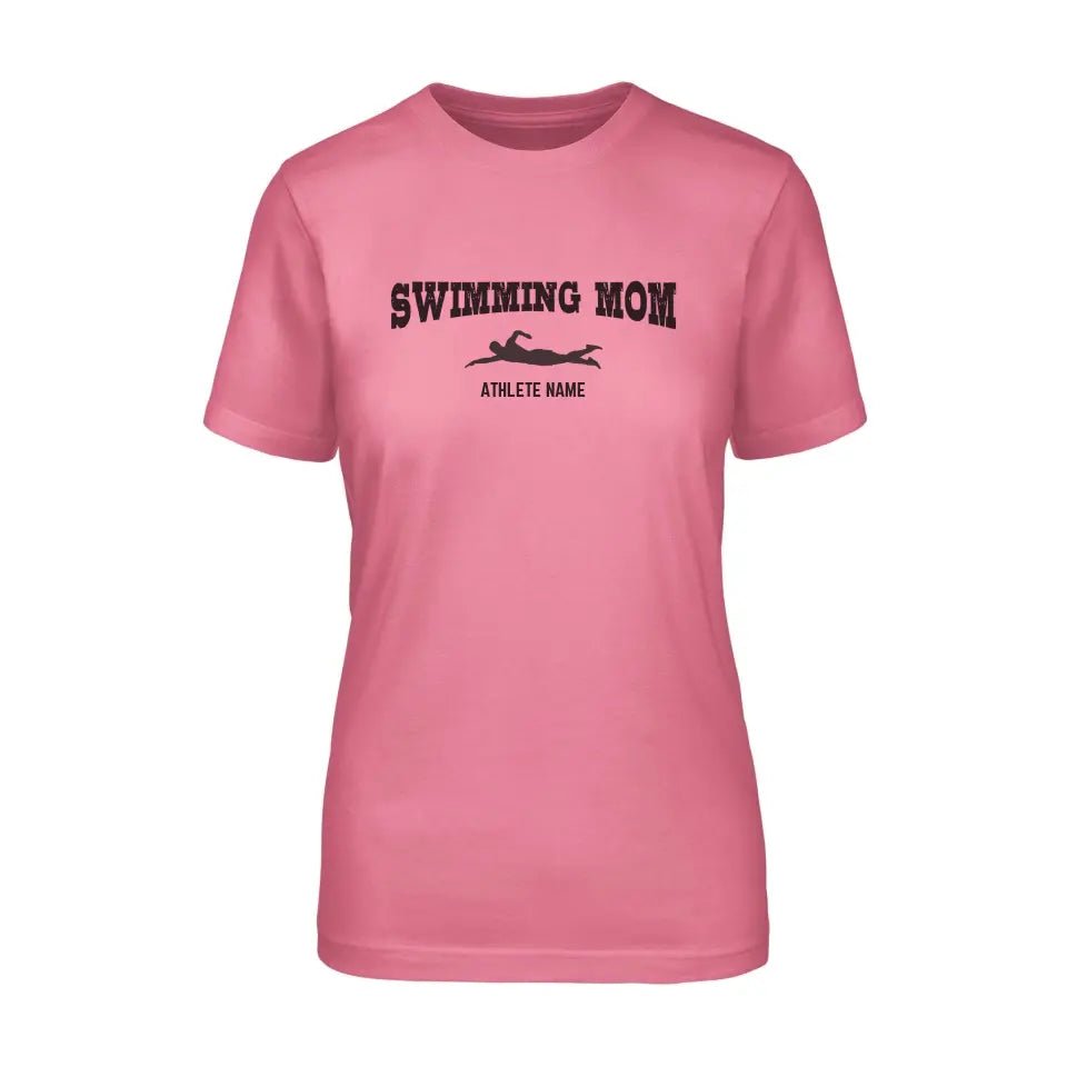 Swimming Mom with Swimmer Icon and Swimmer Name on a Unisex T-Shirt with a Black Graphic