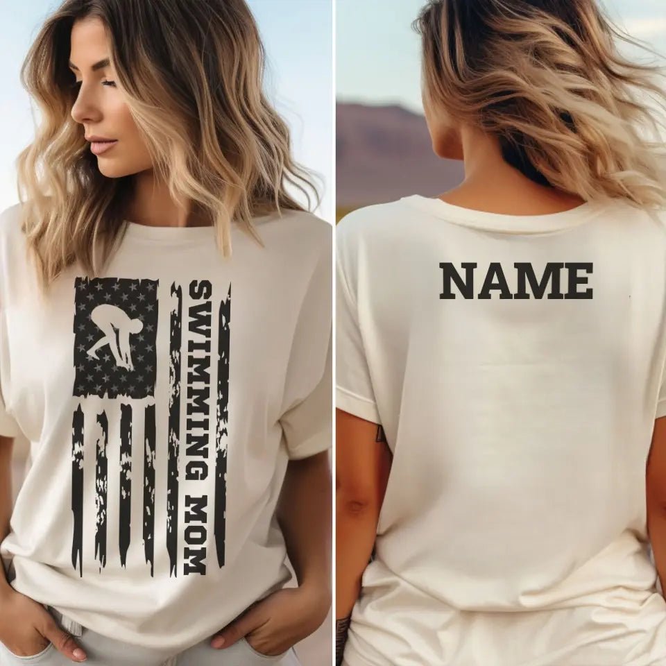 Swimming Mom Vertical Flag With Swimmer Name on a Unisex T-Shirt with a Black Graphic