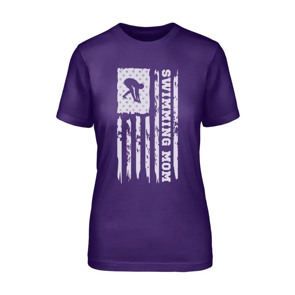 Swimming Mom Vertical Flag on a Unisex T-Shirt with a White Graphic