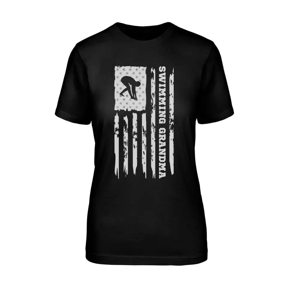 Swimming Grandma Vertical Flag on a Unisex T-Shirt with a White Graphic