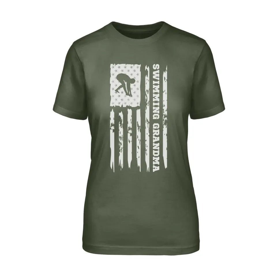 Swimming Grandma Vertical Flag on a Unisex T-Shirt with a White Graphic