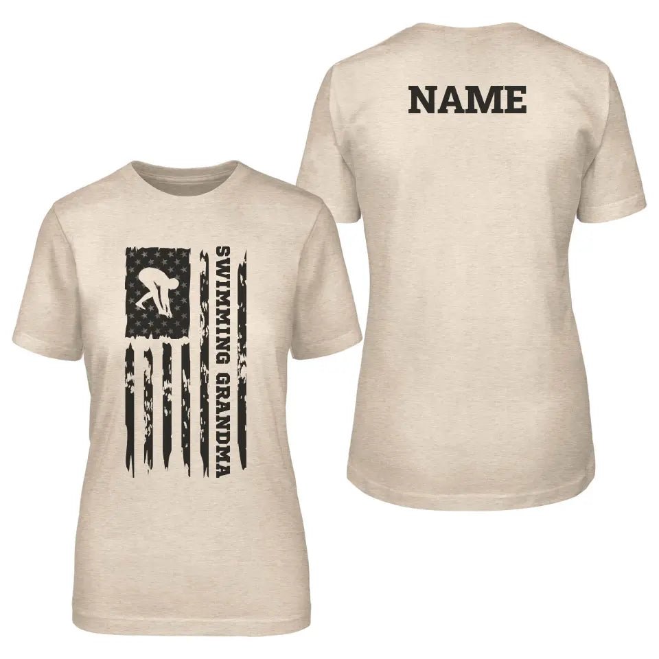 Swimming Grandma Vertical Flag With Swimmer Name on a Unisex T-Shirt with a Black Graphic