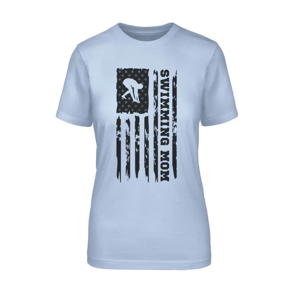 Swimming Mom Vertical Flag on a Unisex T-Shirt with a Black Graphic