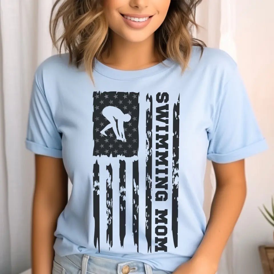 Swimming Mom Vertical Flag on a Unisex T-Shirt with a Black Graphic