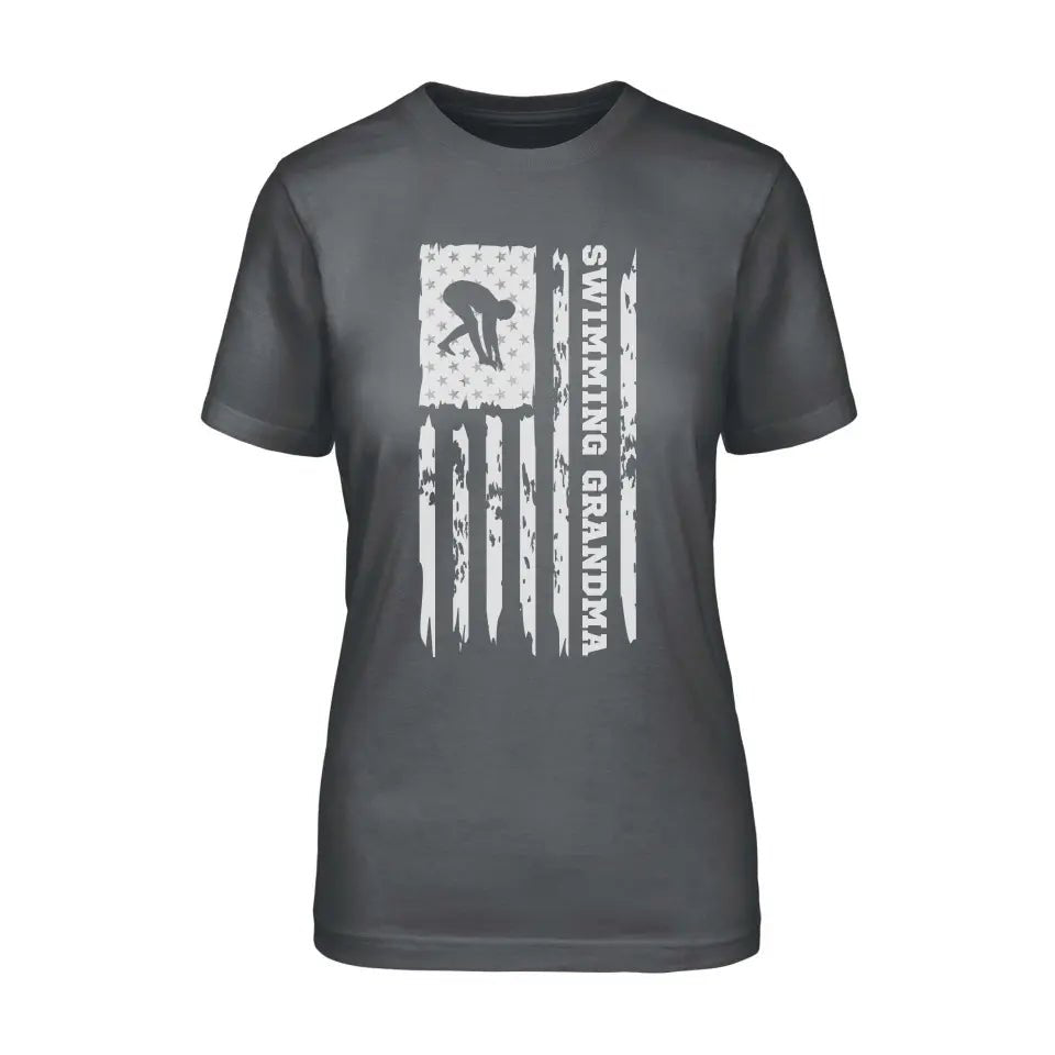 Swimming Grandma Vertical Flag on a Unisex T-Shirt with a White Graphic