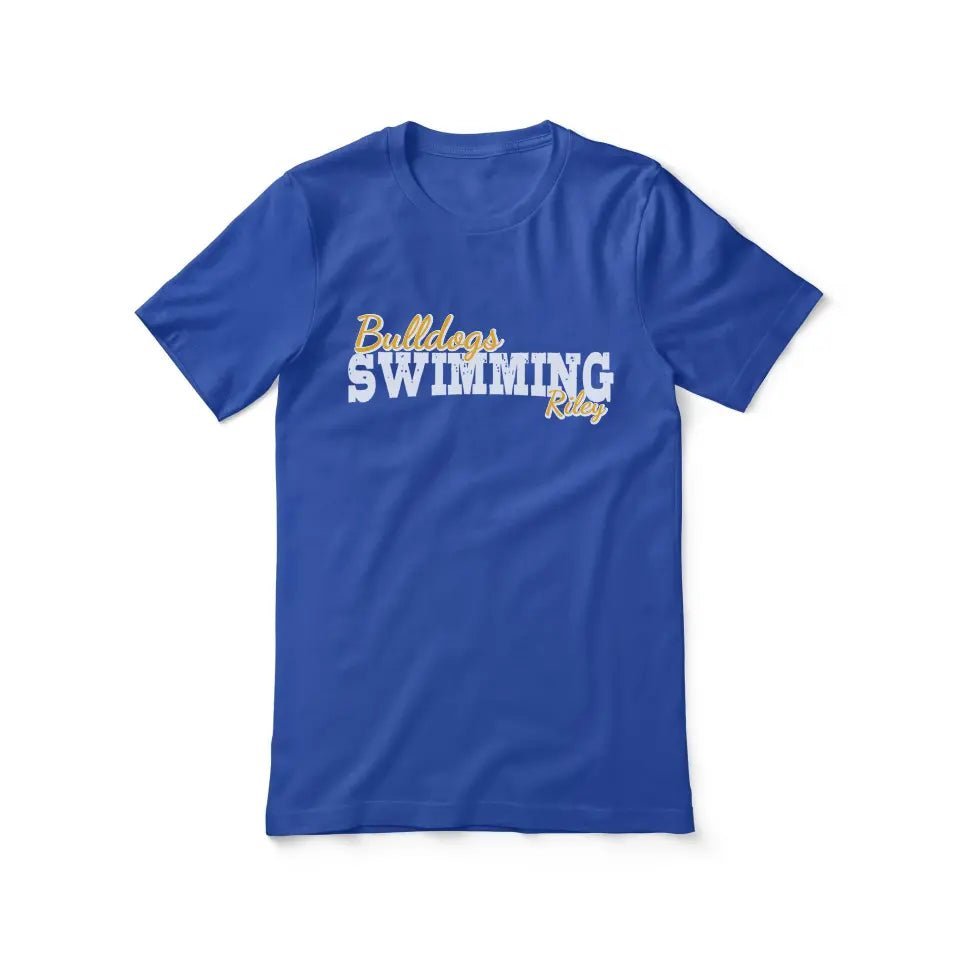 Custom Swimming Mascot and Swimmer Name on a Unisex T-Shirt with a White Graphic